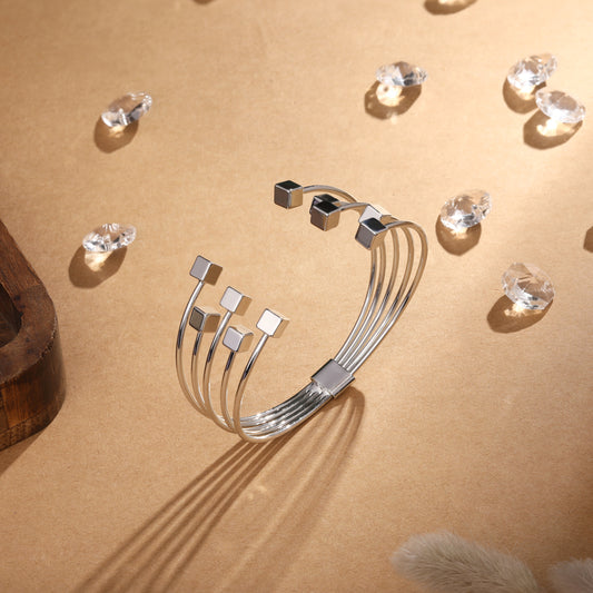 Stacked Cube Wire Silver Plated Adjustable Cuff Bracelet