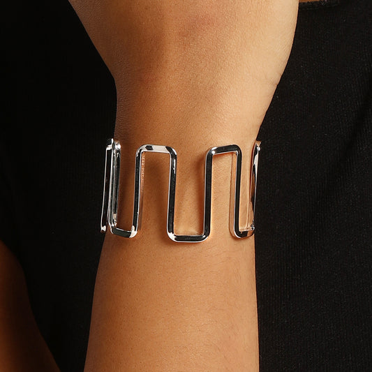 Wavy Curved Silver Plated Adjustable Cuff Bracelet