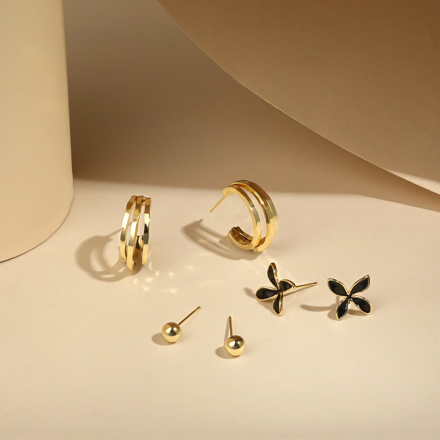 Round and Flower Design 18KT Gold Plated Set Of 3 Stud Earrings