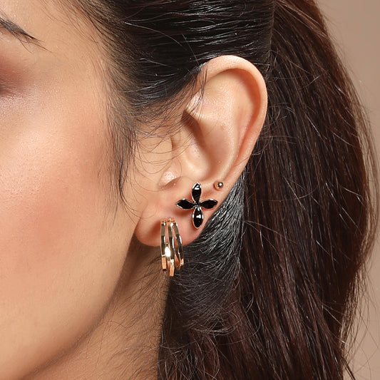 Round and Flower Design 18KT Gold Plated Set Of 3 Stud Earrings