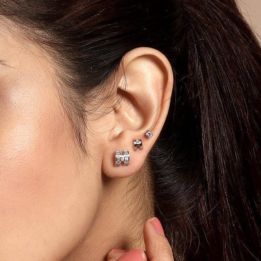 Embellished "H" Alphabet Silver Plated Zircon Set Of 3 Stud Earrings