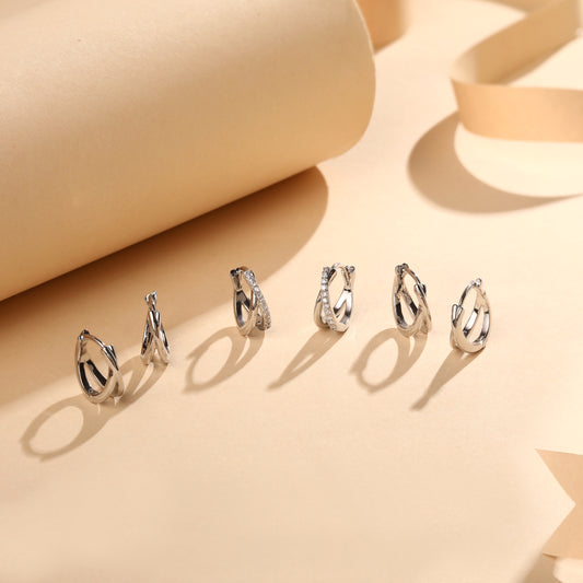 Circular Criss Cross Design Silver Plated Zircon Set Of 3 Stud Earrings