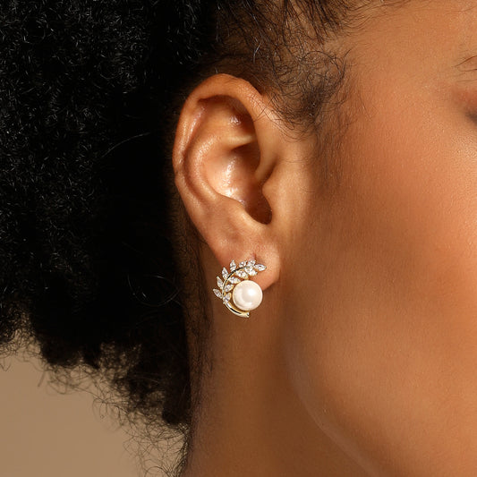 Pearl Leaf Design 18KT Gold Plated Stud Earring