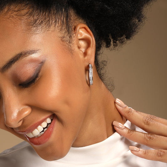 Curved Rectangular Hoop Silver Plated Zircon Drop Earring