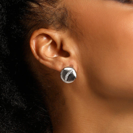 Round Shape Textured Silver Plated Zircon Stud Earring