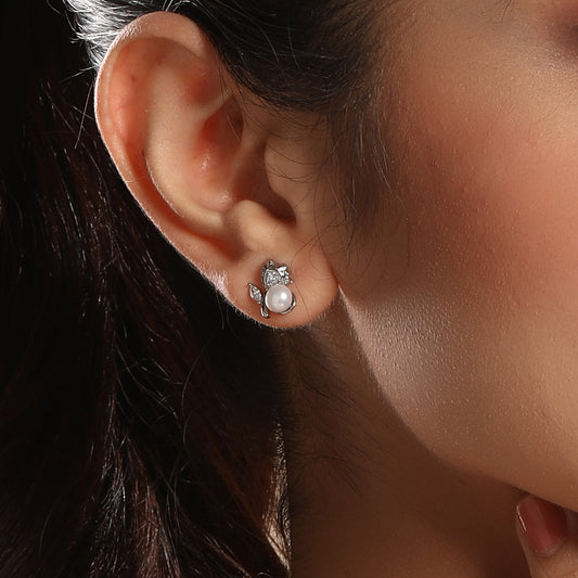 Rose Shape Freshwater Pearl Silver Plated Romantic Stud Earring