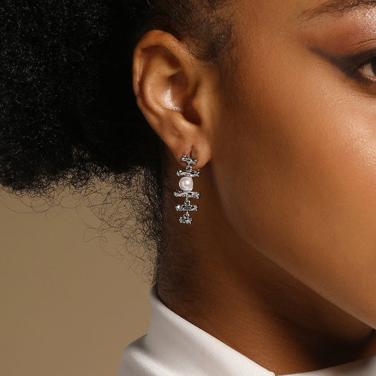 Pearl Bamboo Shape Silver Plated Dangle Earring