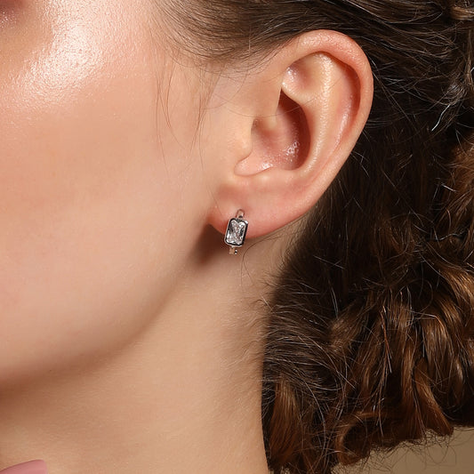 Crystal Frame Stud Look Hoop Earring Silver Plated Zircon Earring