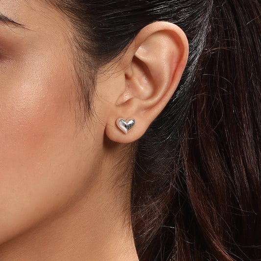 Heart Shape Textured Silver Plated Stud Earring