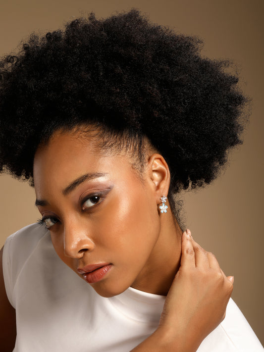 Coloured Dual Flower Silver Plated Zircon Dangle Earring