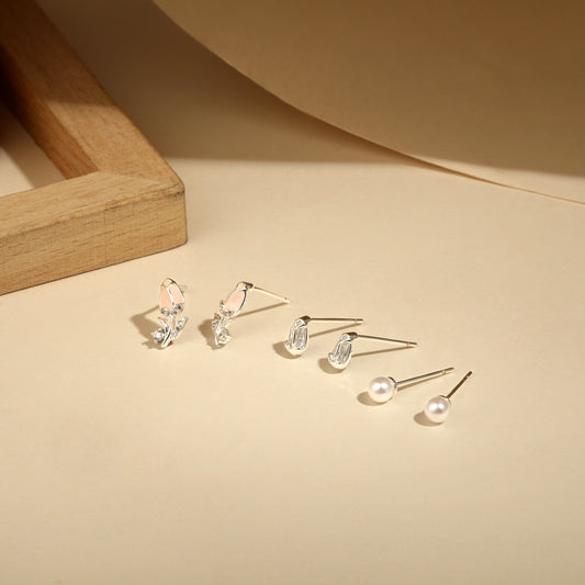 Rose Flower Shape Silver Plated Zircon Set Of 3 Stud Earring