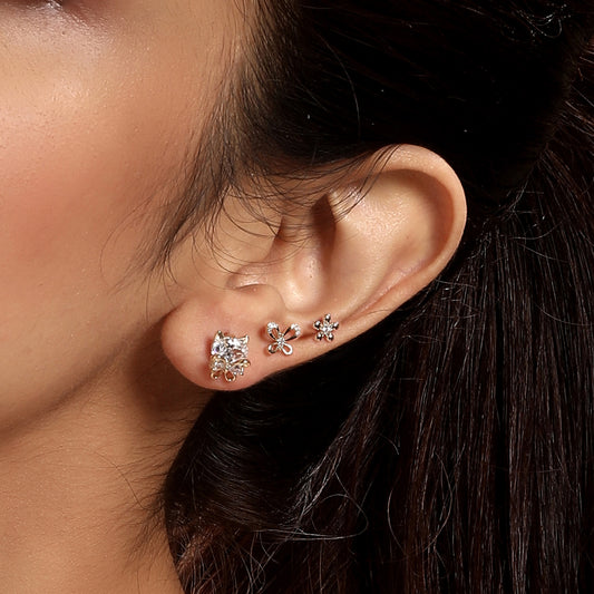 Flower and Butterfly Design 18KT Gold Plated Zircon Set Of 3 Stud Earring