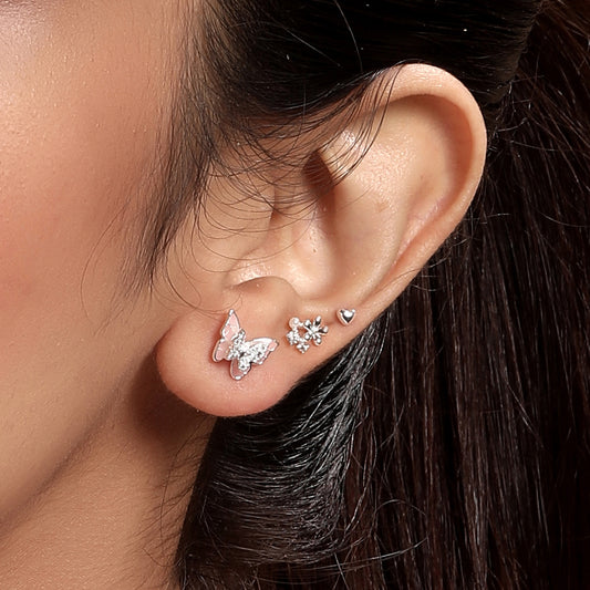 Charm Nest Butterfly Design Silver Plated Zircon Set Of 3 Stud Earring