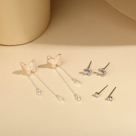 Flower Papillon Design Silver Plated Zircon Set Of 3 Stud Earring