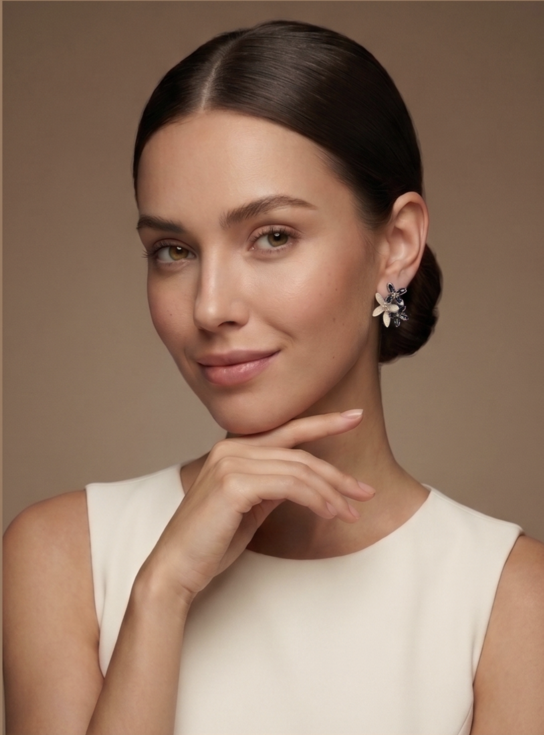 Floral Enamel Pearl Finish Silver Stud Earring