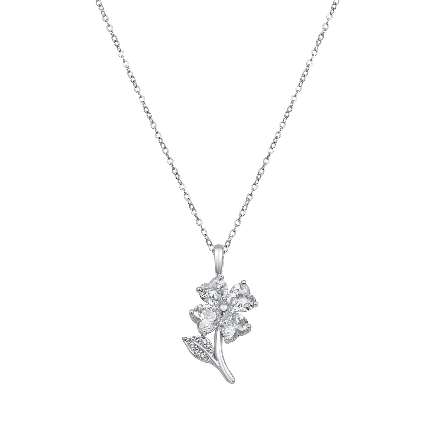 Leaf and Heart Shape Silver Plated Zircon Pendant Chain