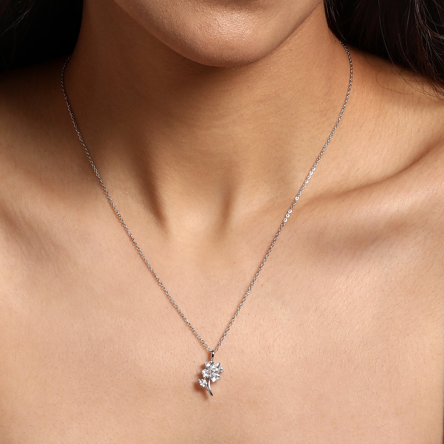 Leaf and Heart Shape Silver Plated Zircon Pendant Chain