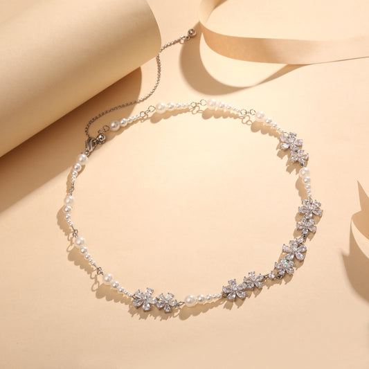 Flower Design White Pearl Silver Plated Zircon Necklace Chain