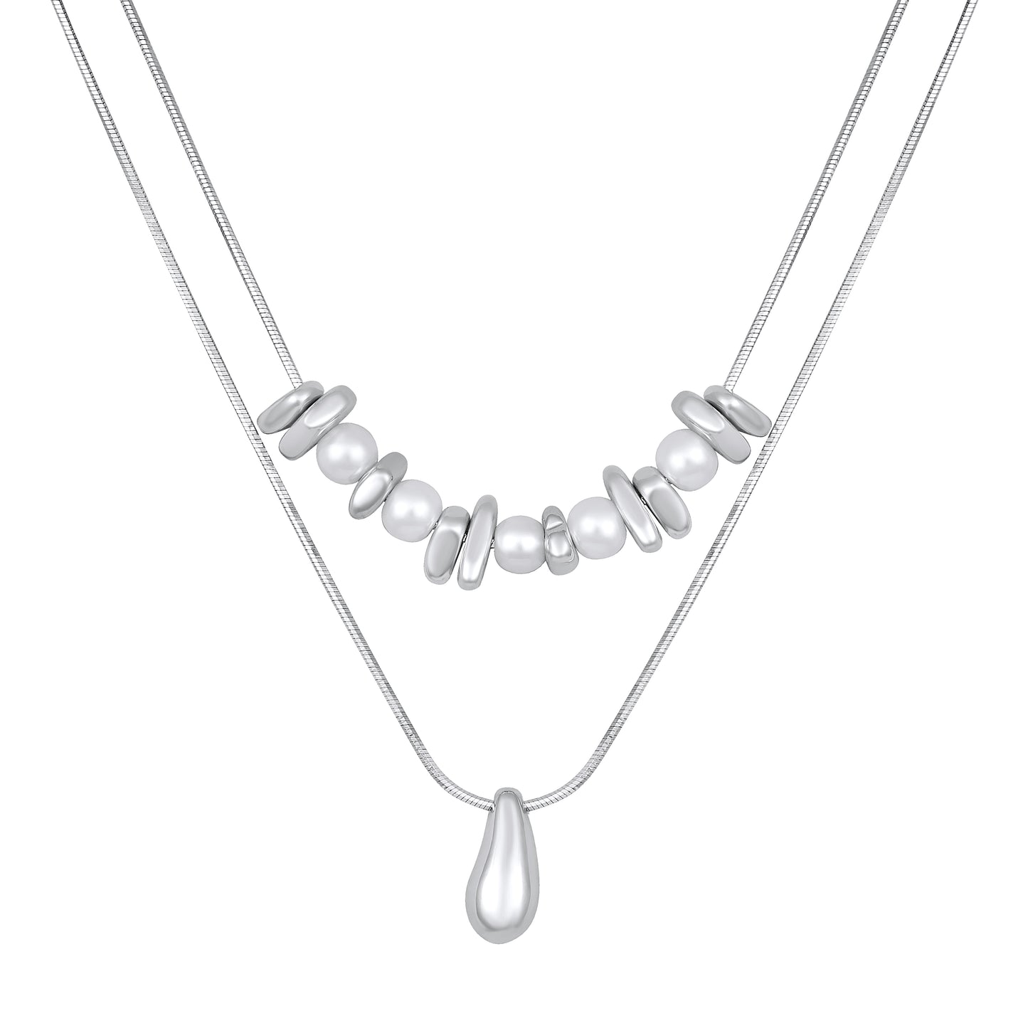 Water Drop Cluster Layered Silver Plated Pendant Chain