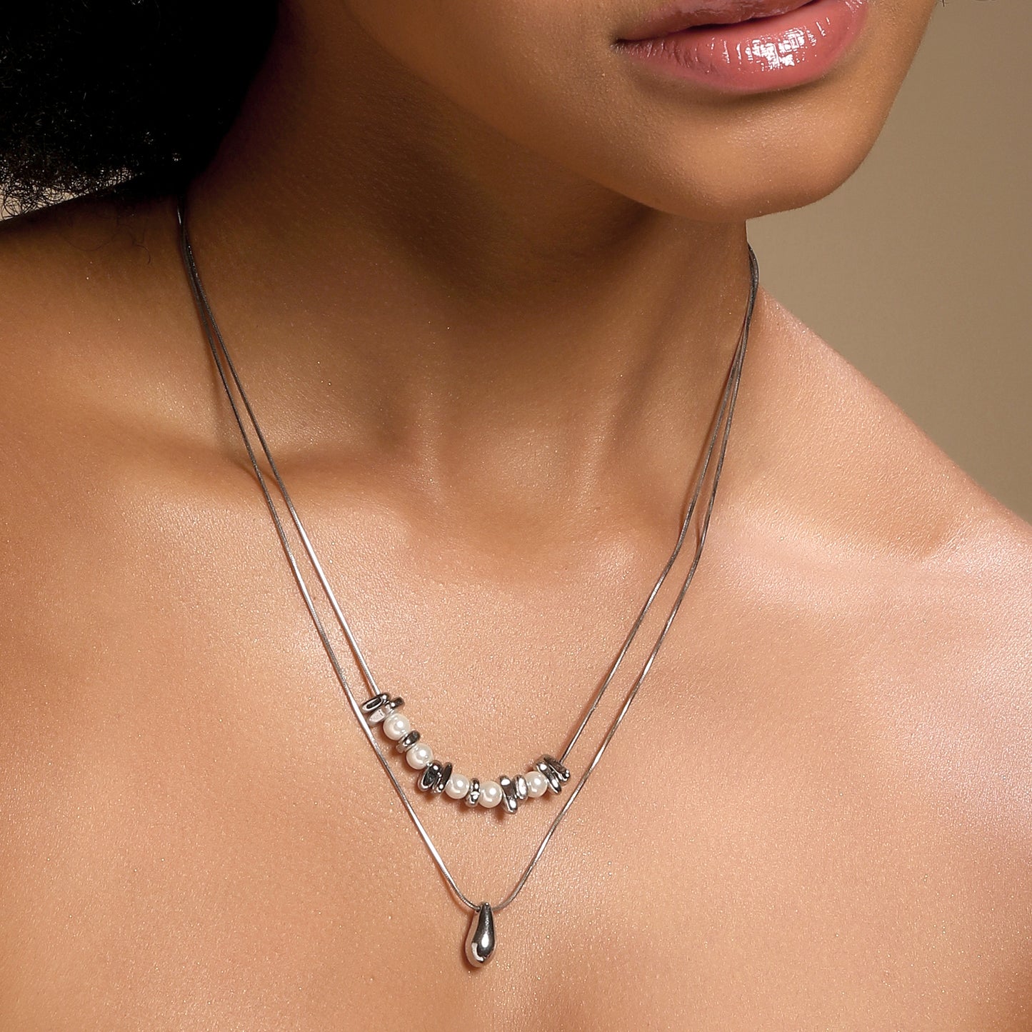 Water Drop Cluster Layered Silver Plated Pendant Chain