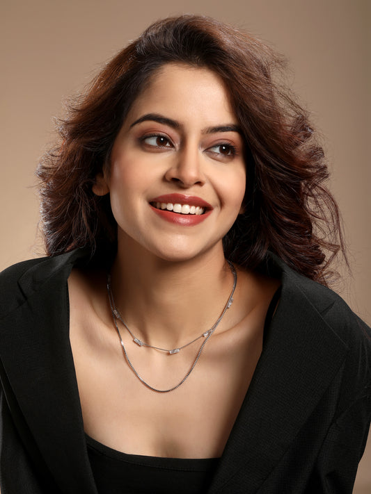 Impressive 2 Layered Silver Plated Zircon Necklace Chain