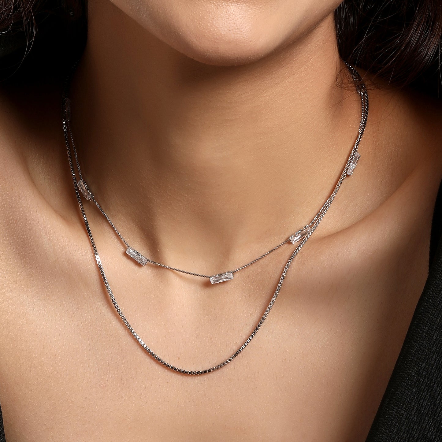 Impressive 2 Layered Silver Plated Zircon Necklace Chain
