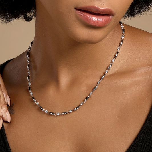 Sparkling Sterling Silver Beaded Silver Plated Zircon Necklace Chain