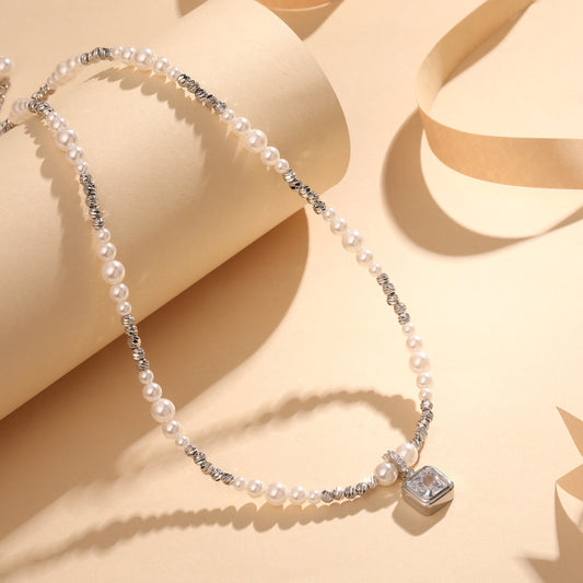 Square Zircon Pendant with Pearl Bead Silver Plated Pendant Chain