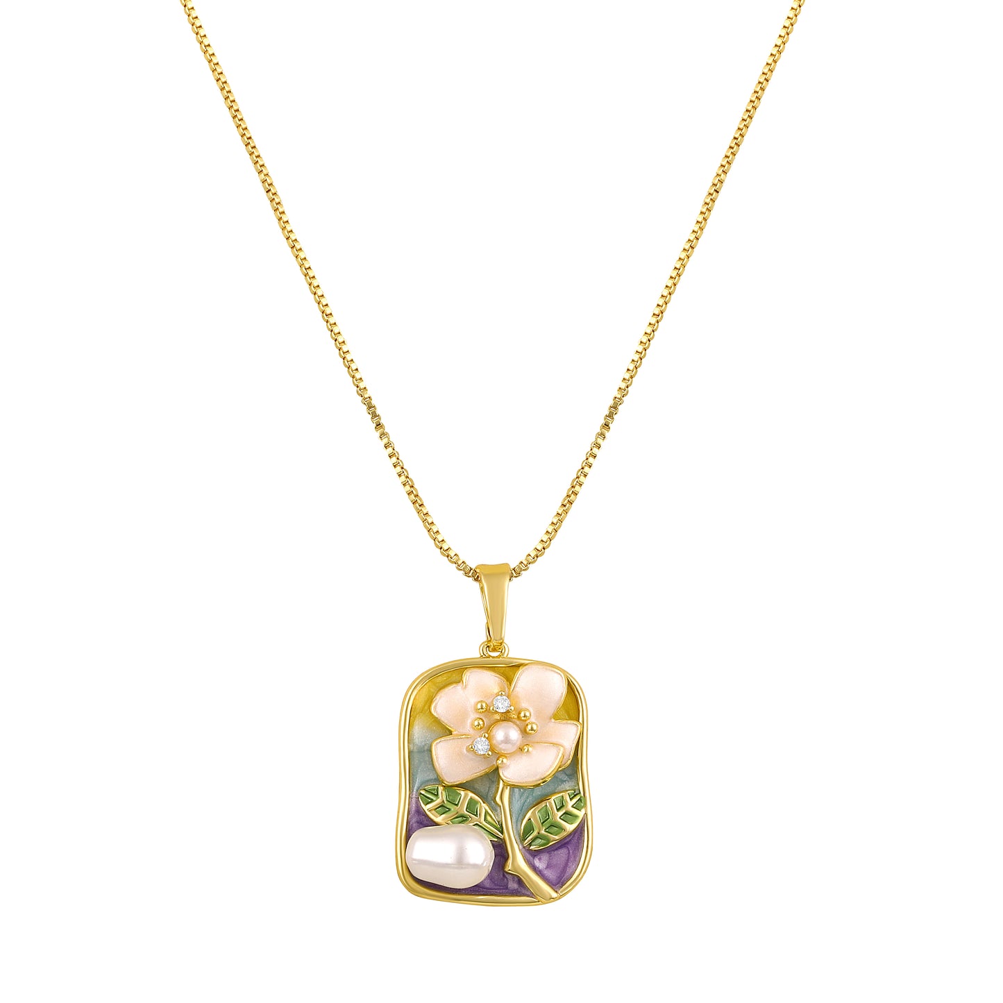 Square Shaped Flower Leaf Glow Pearl 18KT Gold Plated Pendant Chain
