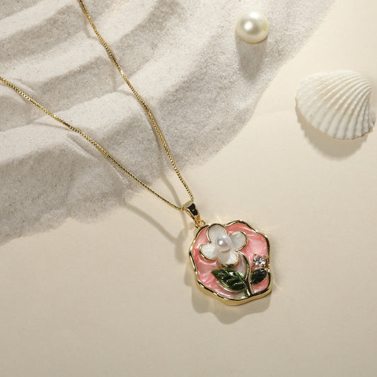 Leaf and Flower Petal Pearl 18KT Gold Plated Pendant Chain