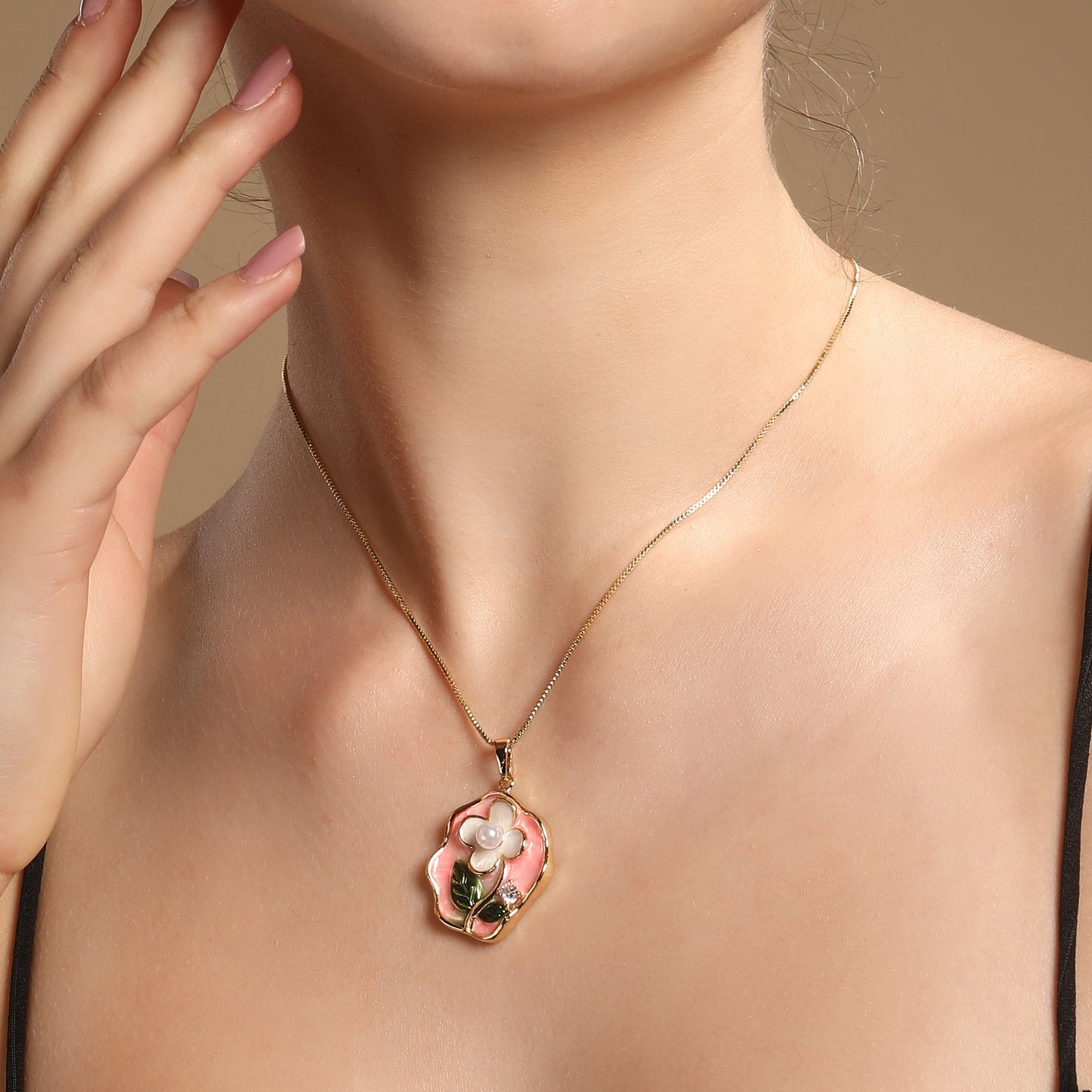 Leaf and Flower Petal Pearl 18KT Gold Plated Pendant Chain