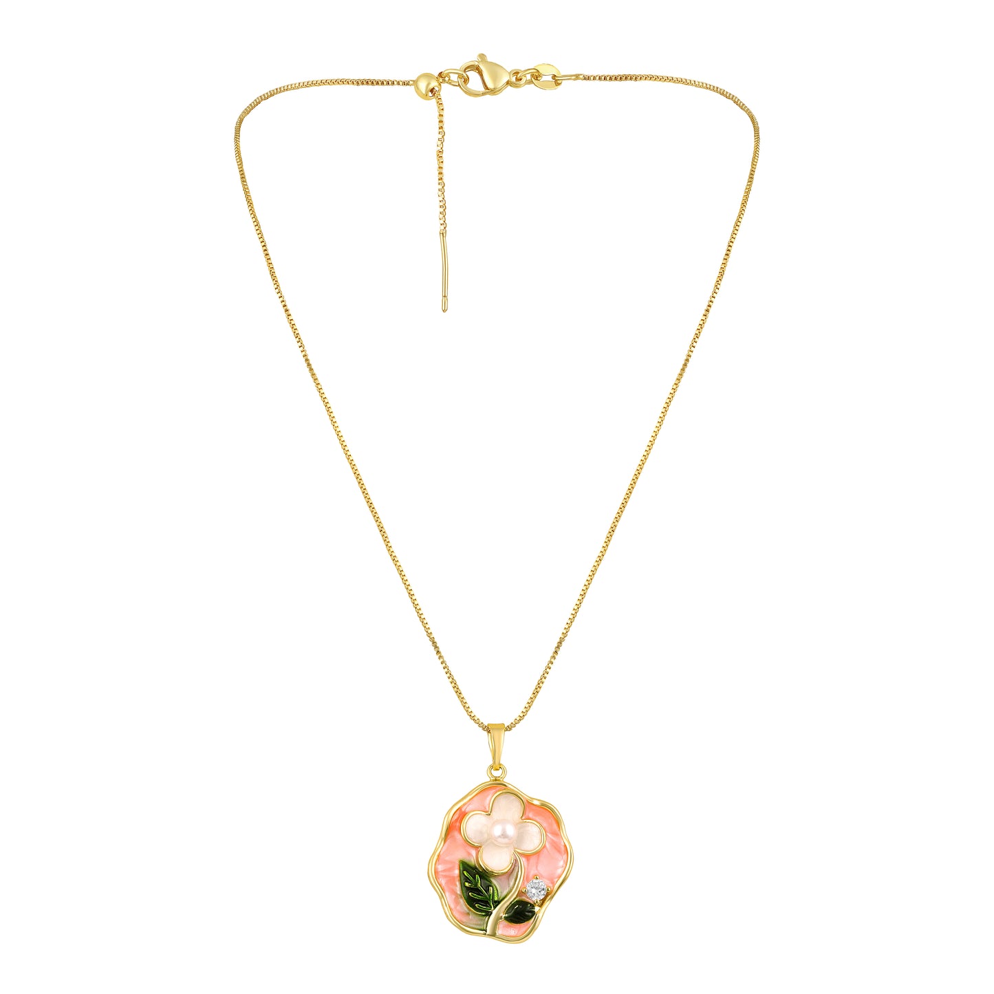 Leaf and Flower Petal Pearl 18KT Gold Plated Pendant Chain