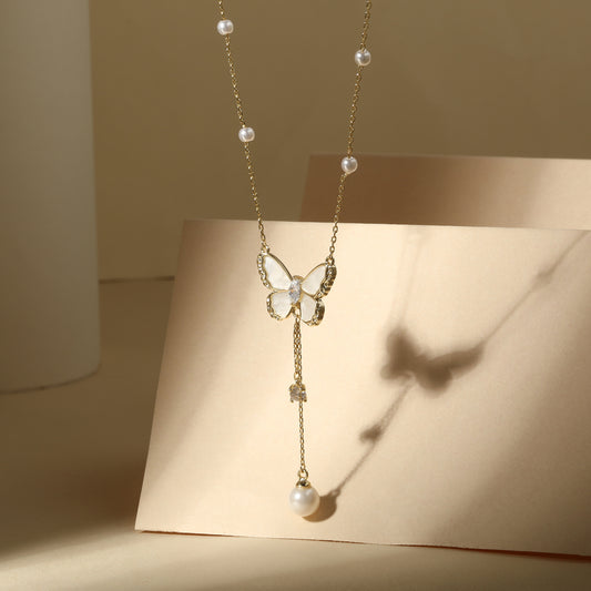 Butterfly Shine Pearl 18KT Gold Plated Zircon Pendant Chain