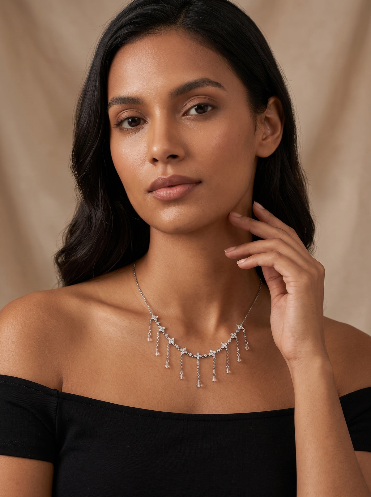 Sparkling Zircon Floral Fringe Pendant Necklace Chain