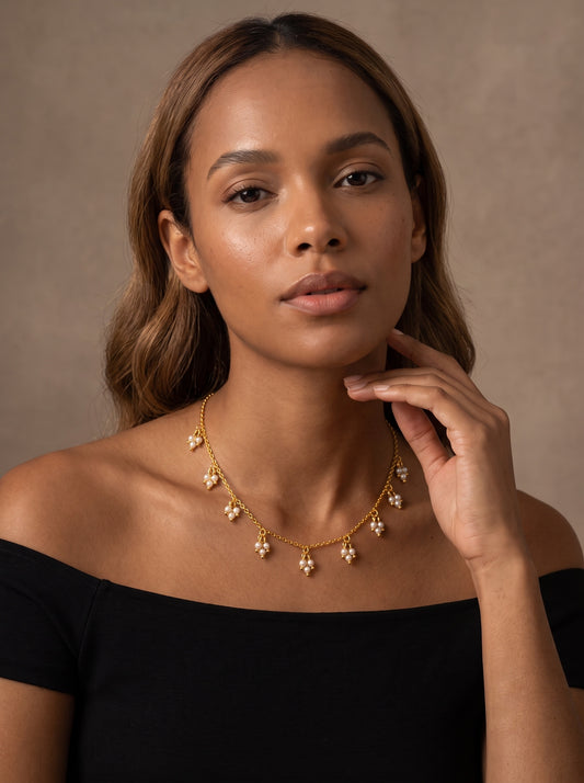 White Dangling Pearl Cluster 18kt Gold Plated Necklace Chain