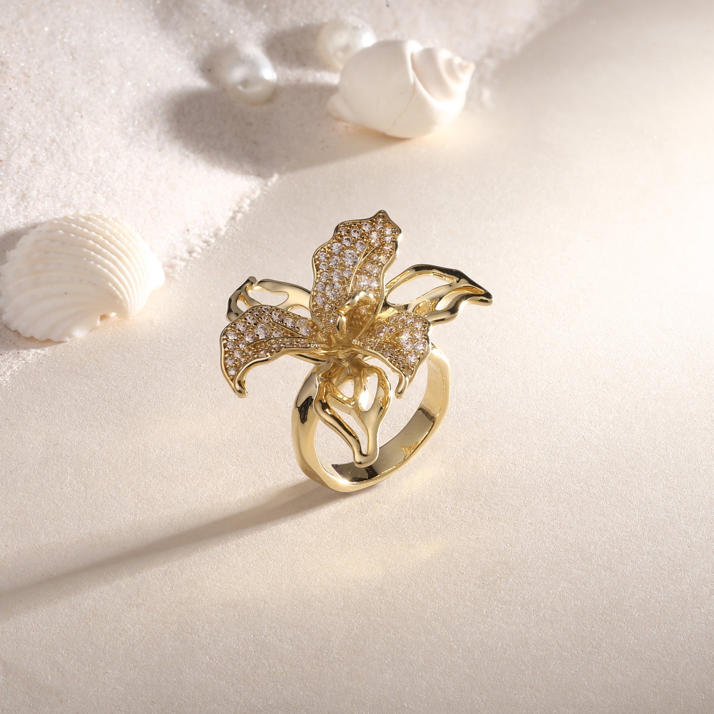 Leaf Flower Shape 18kt Gold Plated Adjustable Zircon Finger Ring
