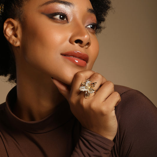 Leaf Flower Shape 18kt Gold Plated Adjustable Zircon Finger Ring