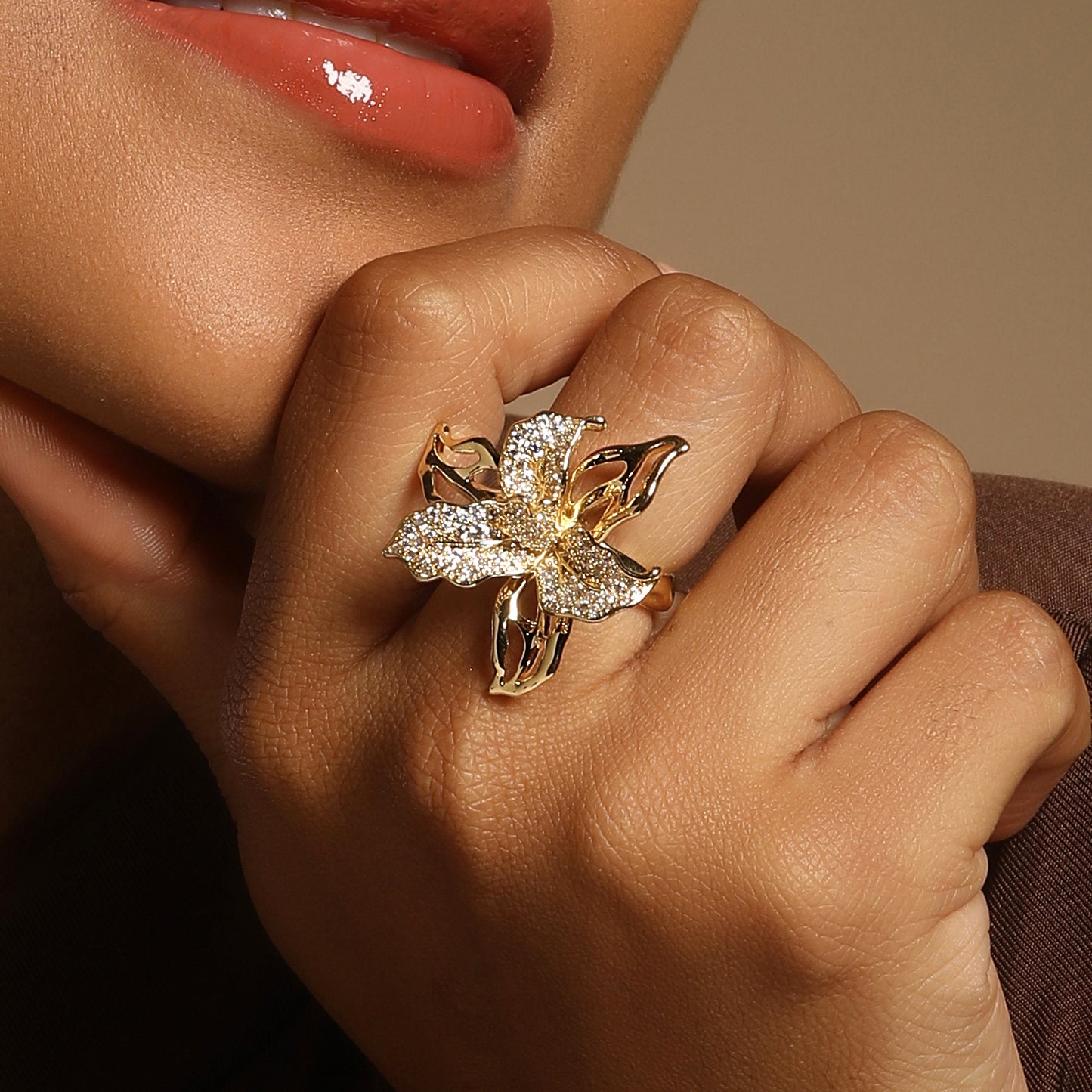 Leaf Flower Shape 18kt Gold Plated Adjustable Zircon Finger Ring