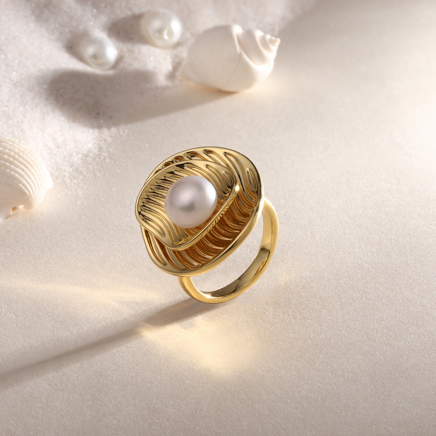 Oval Shape 18kt Gold Plated Adjustable Pearl Finger Ring