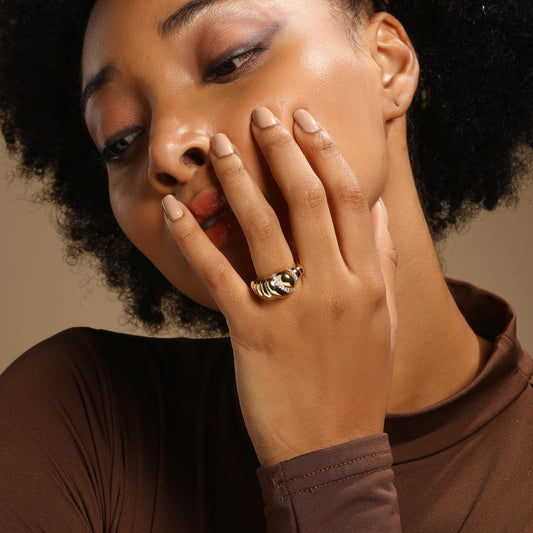 Croissant Dome 18kt Gold Plated Adjustable Chunky Finger Ring