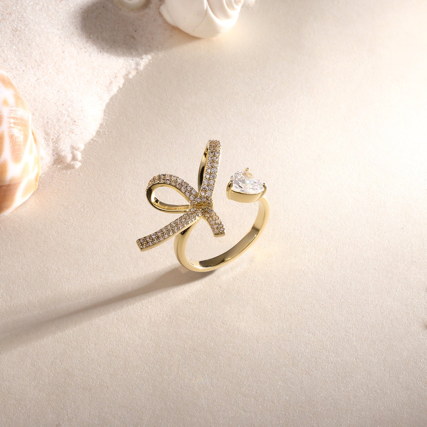 Delicate Bow-Knot Design 18kt Gold Plated Adjustable Zircon Finger Ring