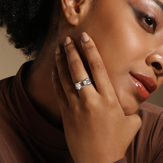 Irregular Double Pearl Silver Plated Adjustable Finger Ring