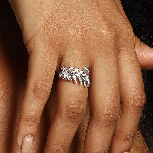Floral Leaf Nature Silver Plated Adjustable American Diamond Finger Ring