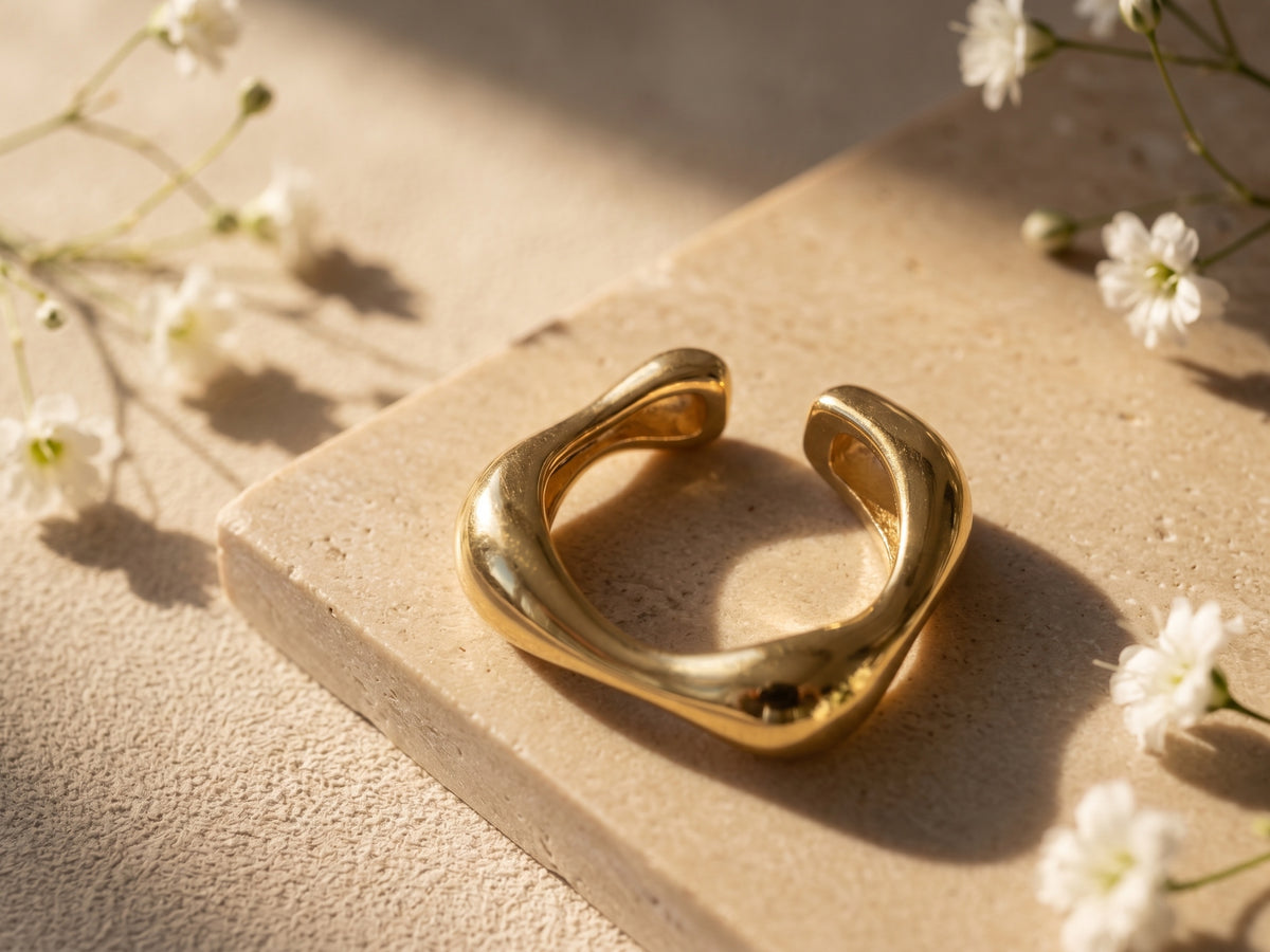 Sculptural Wave Open Band Polished 18kt Gold Plated Adjustable Ring