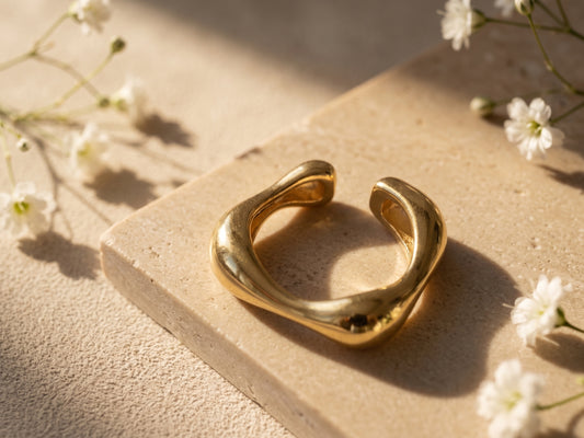 Sculptural Wave Open Band Polished 18kt Gold Plated Adjustable Ring