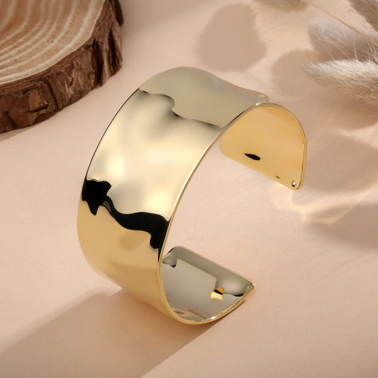 Open Wide Flat Wire 18KT Gold Plated Adjustable Cuff Bracelet