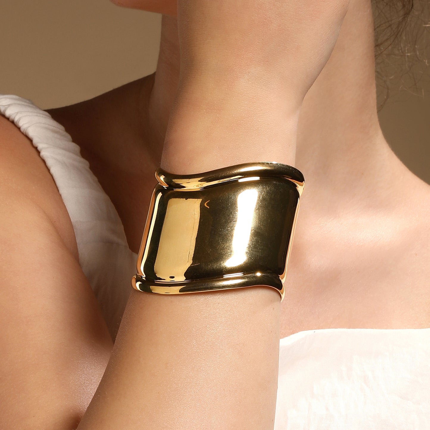 Wide Curved 18KT Gold Plated Adjustable Cuff Bracelet