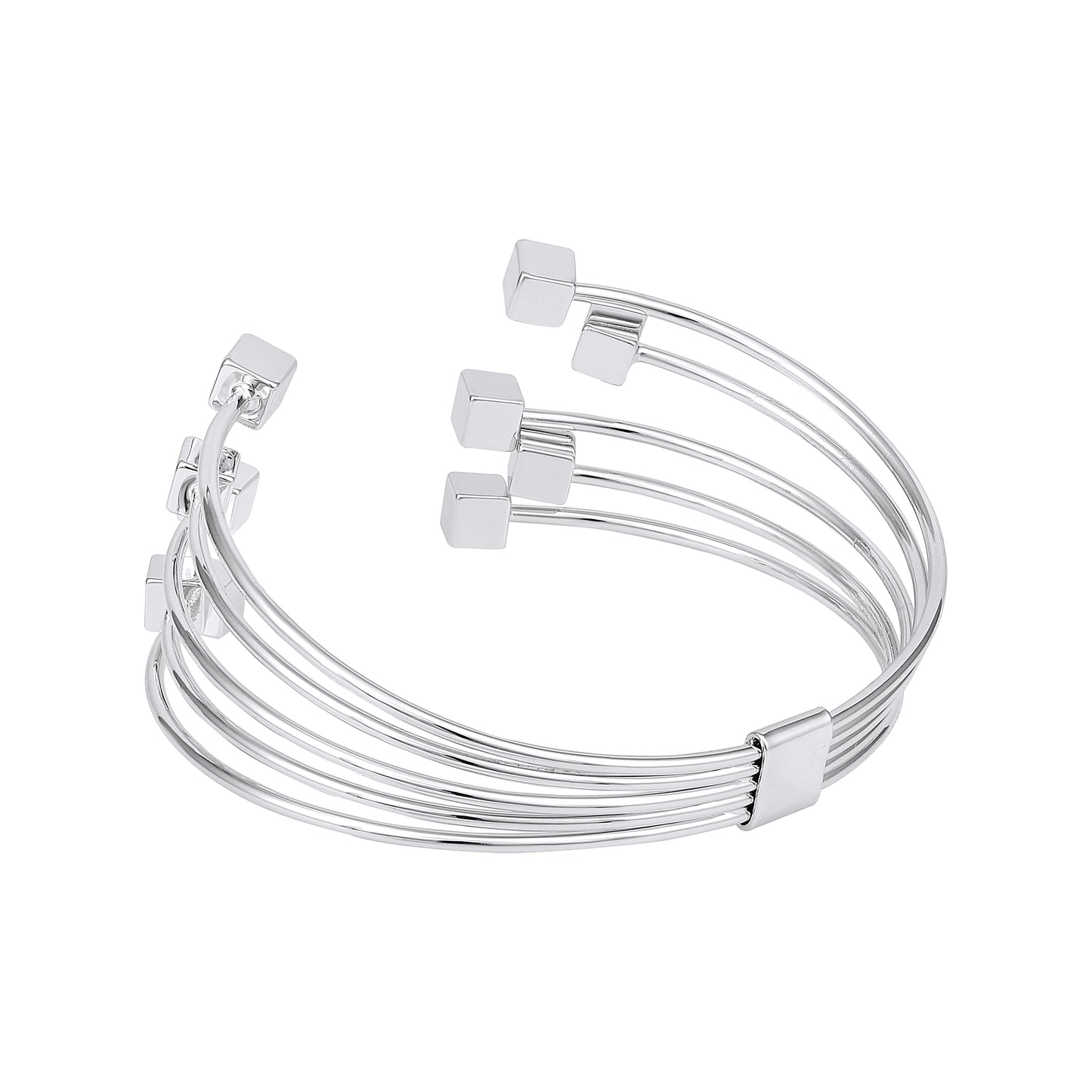 Stacked Cube Wire Silver Plated Adjustable Cuff Bracelet