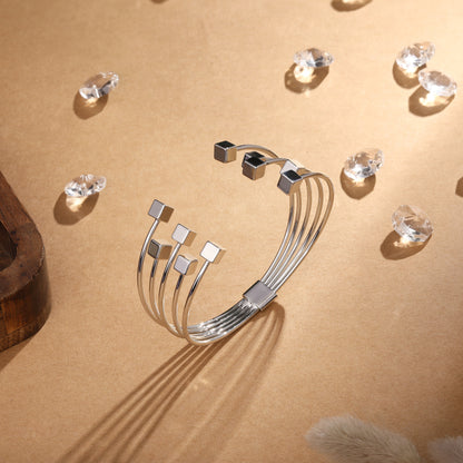 Stacked Cube Wire Silver Plated Adjustable Cuff Bracelet