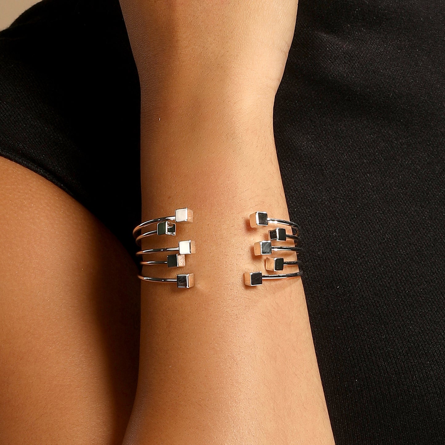 Stacked Cube Wire Silver Plated Adjustable Cuff Bracelet